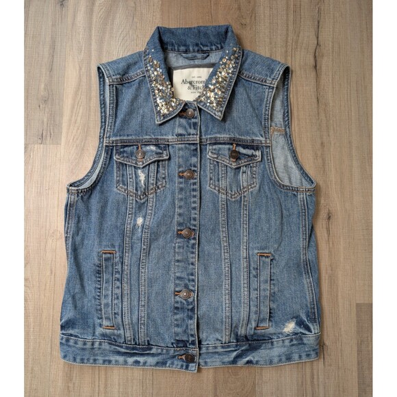 Abercrombie & Fitch Size L Denim Vest Custom "Girl Power" Sequins Distressed - Picture 12 of 13